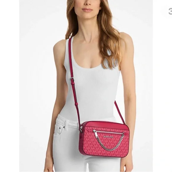 Michael Kors Large Jet Set Large Signature Logo Crossbody Bag - Dark Raspberry - Picture 6 of 6